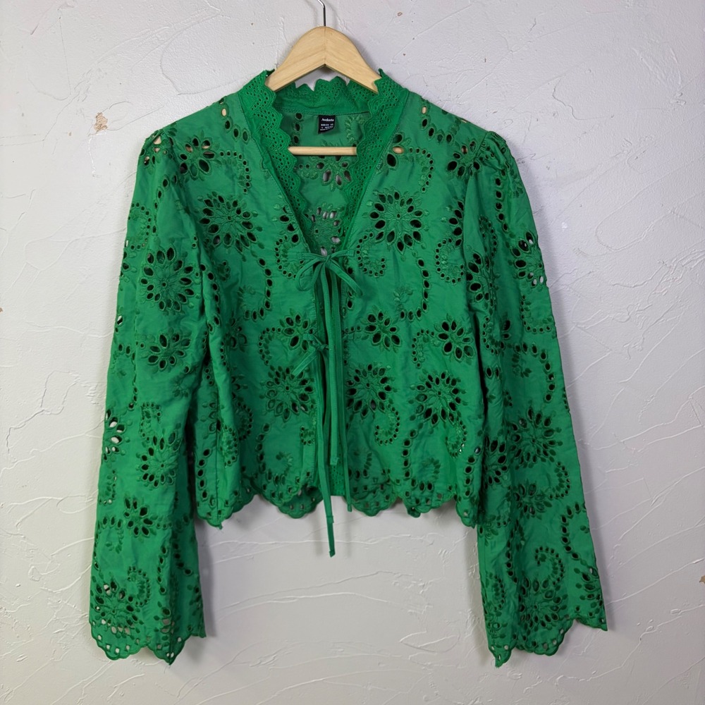 Aveloria Eyelet Lace Cardigan Women L Green Tie Front Long Sleeve Boho Romantic